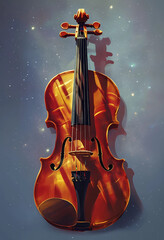 Fototapeta premium disegno di un violino di legno color oro-marrone contro uno sfondo futuristico surreale, drawing of a wooden violin in golden-brown color against a surreal futuristic background