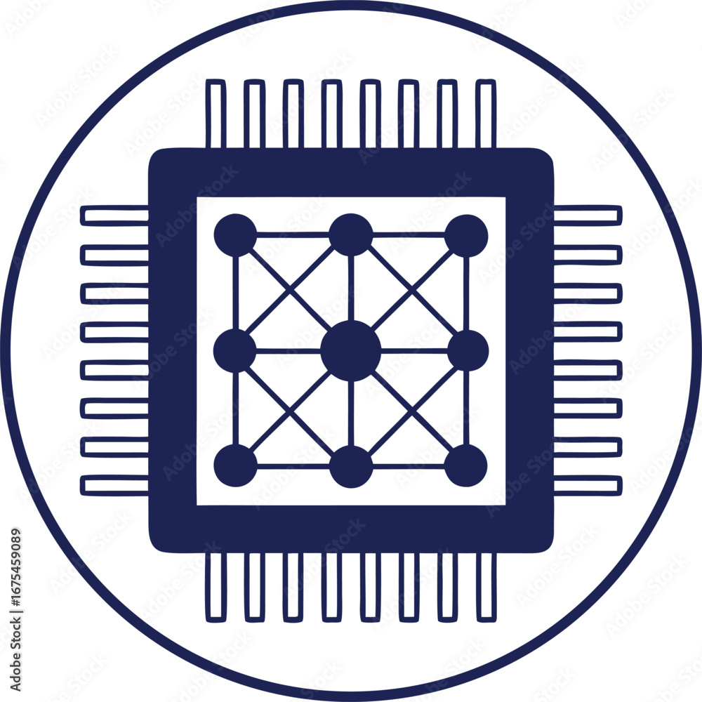 Poster dark blue circuit board chip icon with network grid inside circle technology computer