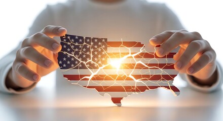 Mending a Nation: A Cracked 3D American Flag Map Healing with Luminous Golden Light Emanating from Within.