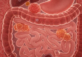 Medical 3D illustration of cancerous tumors and malignant growths in the human intestine