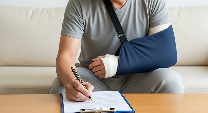 Man with broken arm signs paperwork for insurance claim