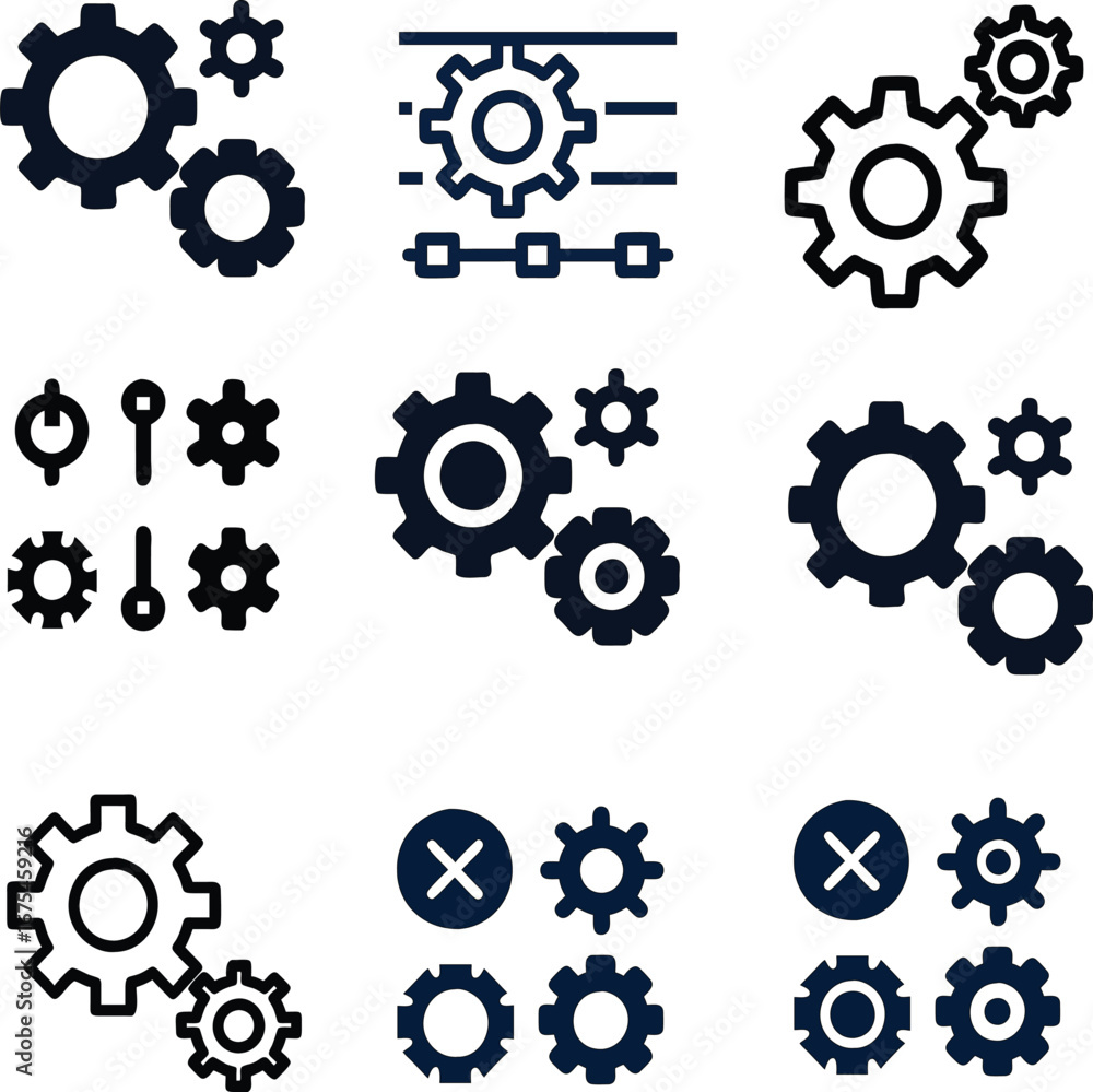 Poster gear and settings icon collection in vector format. ideal for representing system controls, software