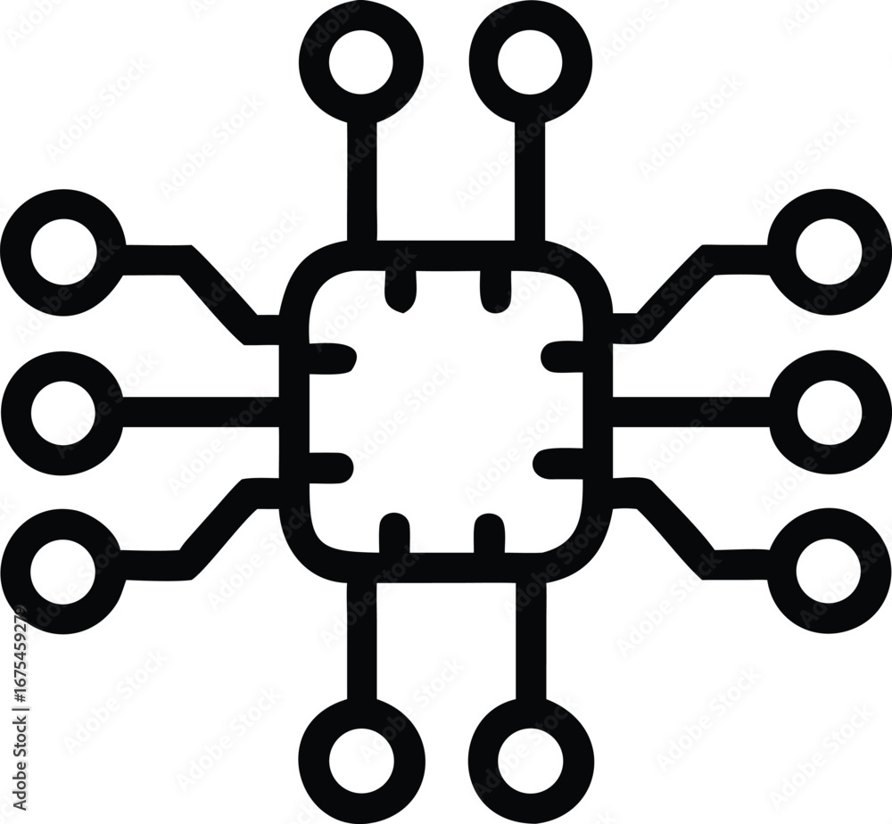 Poster minimalist outline of a computer chip with connecting lines on black technology