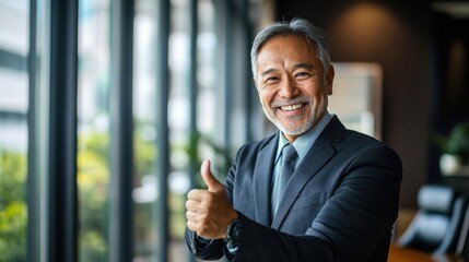 Confident businessman giving thumbs up.
