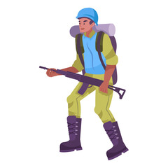 Soldier walking with rifle and backpack on white background