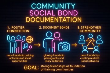 Abstract Network of Glowing Neon Lines Connecting Human Silhouettes for Social Media Concepts

