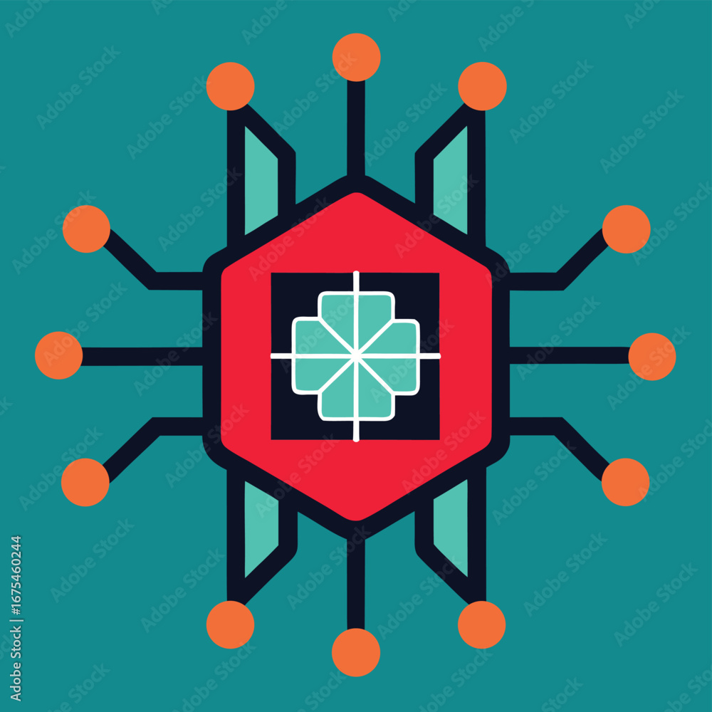 Poster geometric circuit board chip with abstract design and teal background technology
