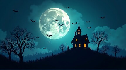 Eerie Haunted House Silhouette Under Full Moon with Bats Flying in Gloomy Blue Night