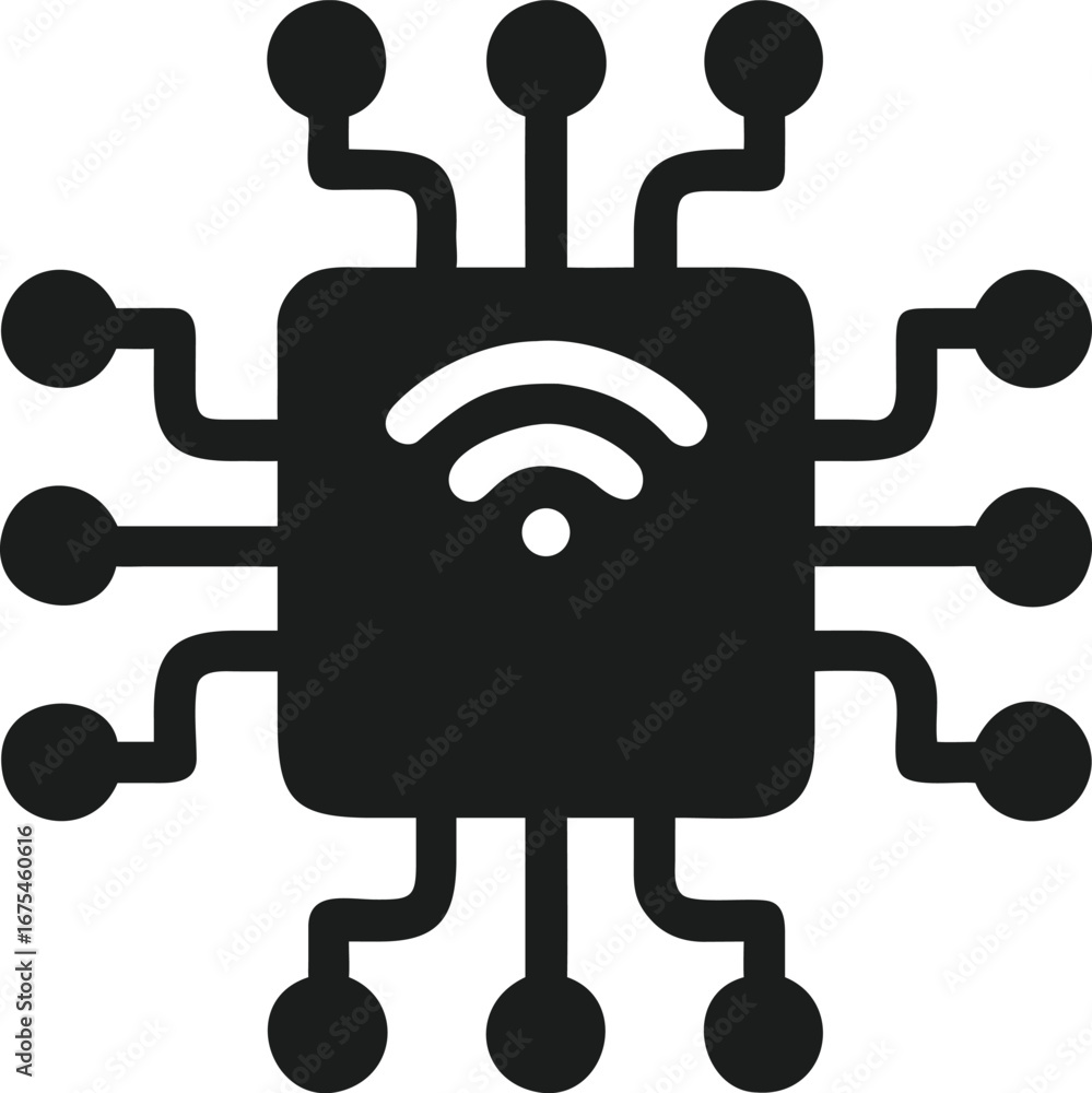 Poster dark gray icon of a microchip with wi- fi symbol and connections technology circuit