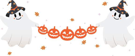 Vector illustration of a cute spooky ghost character holding halloween pumpkin design. Happy and Celebration Halloween party.