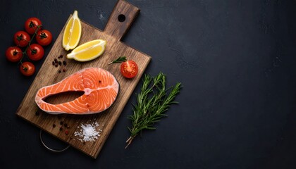 Raw salmon fillet on wooden board with lemon cherry tomatoes rosemary salt and pepper