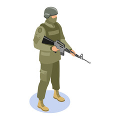A modern army soldier in full tactical uniform with an assault rifle, isometric vector art