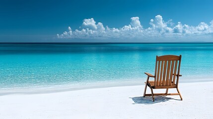 Obraz premium Relaxing empty chair on a tranquil beach with clear turquoise waters and white sand under a blue sky