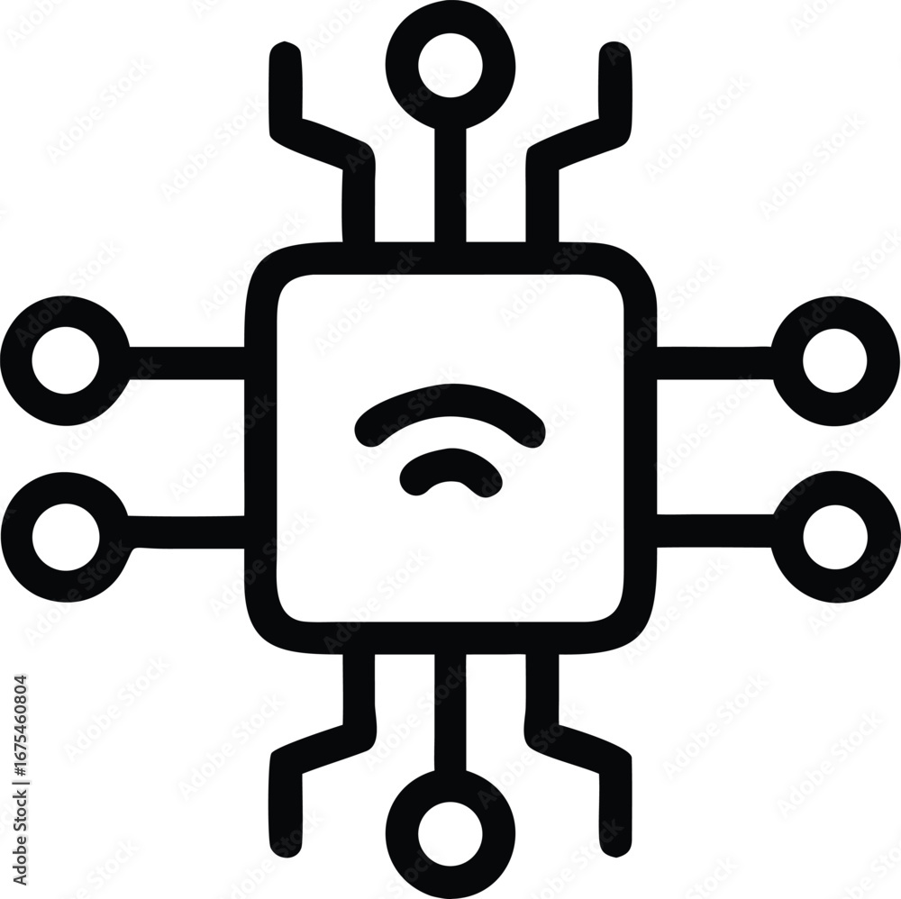 Poster outline icon of a microchip with wi- fi symbol and connections technology circuit