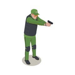 Isometric illustration of a man in tactical gear aiming a handgun