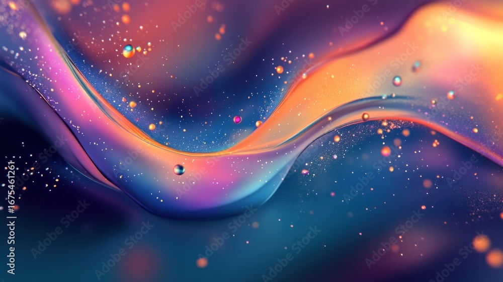 Poster iridescent abstract wave with sparkling particles and fluid motion