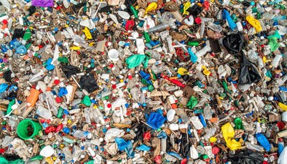 A chaotic cluster of multicolored plastic debris—bottle caps, straws, containers—sprawls across the frame, evoking environmental tension, synthetic excess, and the visual weight of waste.