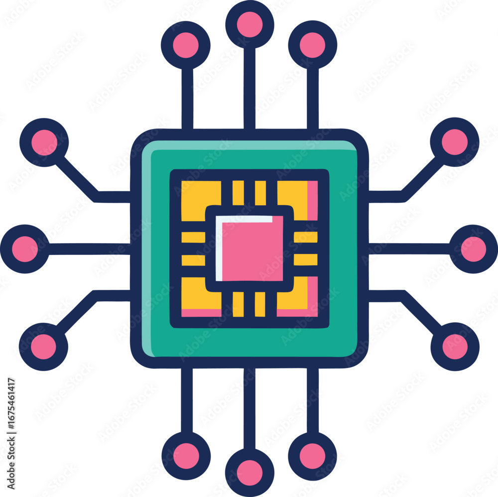 Poster colorful ai processor chip with circuit connections on black background artificial intelligence