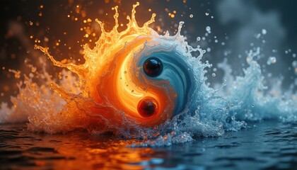 Yin and Yang symbol formed from water and fire on dark background