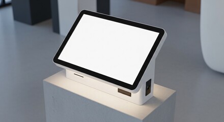 Modern point of sale terminal with a blank white screen for mockup placed on a concrete stand.