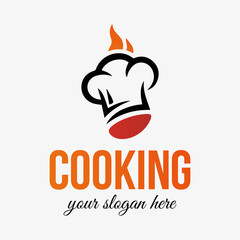 Creative logo for cooking master class or restaurant with chef hat element. Vector style