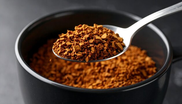 Instant coffee granules in a black mug