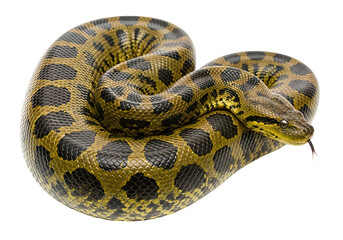 Fototapeta premium A close-up, detailed view of a vibrant yellow and black snake coiled elegantly against a pure black backdrop.