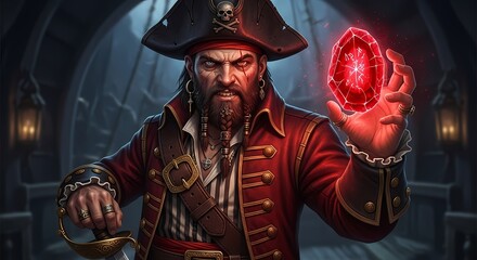 A fierce pirate captain in his ship's cabin, holding a glowing magical red gemstone and his sword.