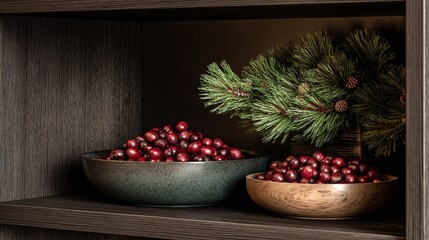 Charcoal cabinet open with cranberry-filled bowls, forest green accents, and natural wooden textures