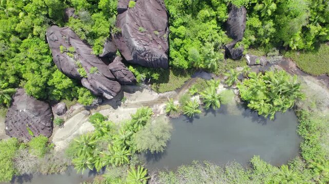 Drone footage of cap ternay mangrove, huge granite stones and vegetation, Mahe Seychelles 30fps 7