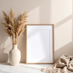 Blank picture frame mockup leaning against beige wall with pampas grass vase and neutral blanket