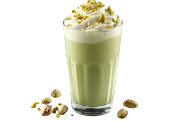 Creamy pistachio shake topped with whipped cream and crushed nuts in a clear glass