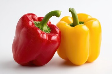 Two bell peppers, red and yellow, close-up on white