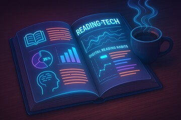 Neon infographic design with open book and reading statistics for education or library presentation,