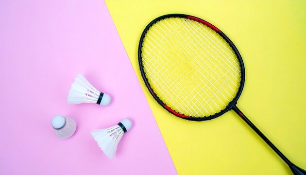 A badminton racket and two shuttlecocks rest on a split pink-yellow background—diagonal placement and bold contrast evoke playful energy, sporty elegance, and vibrant design.