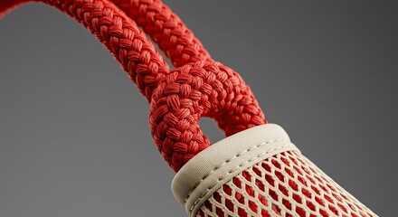 Braided Red Rope and Mesh Texture Against Gray Background
