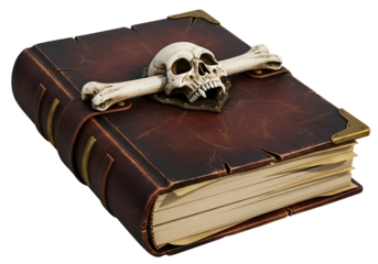 An aged, leather-bound book, adorned with a skull and crossbones, sits prominently on a dark background.