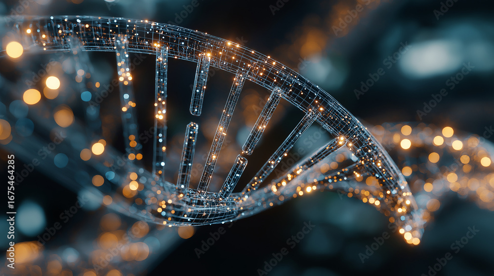 Poster dna strand illuminated: a macro view of a glowing dna strand, a striking visual that captures the es