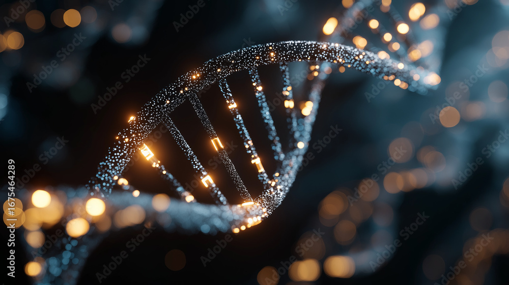 Poster illuminated dna helix: a captivating close-up of a gleaming dna helix against a backdrop of out-of-f