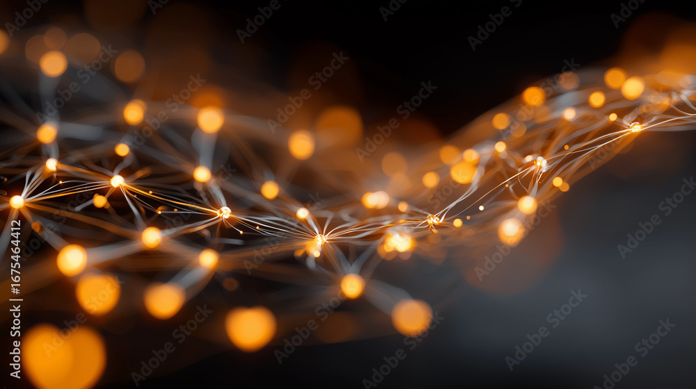 Poster digital network illustration: a glowing, abstract network of interconnected points and lines, showca