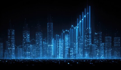 Futuristic city skyline at night, illuminated by glowing blue data graphs