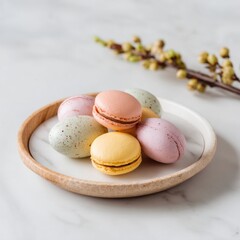 Assorted colorful macarons in pastel shades on a white marble surface with a wooden tray and decorative flowers in the background, close-up shot for dessert and sweet treat themes