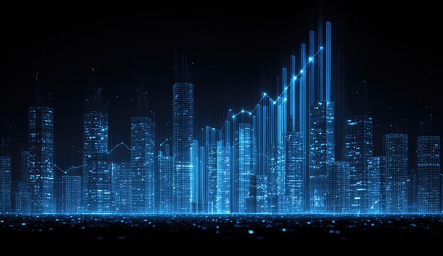 Futuristic city skyline at night, illuminated by glowing blue data graphs
