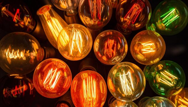 A cluster of vintage incandescent bulbs glows warmly—filaments twist inside glass shells, casting orange-yellow light in a tight composition that evokes intimacy, nostalgia, and radiant craftsmanship.