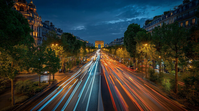 Parisian Nightscape: A mesmerizing capture of the bustling Parisian cityscape at dusk, with streaks of light from passing vehicles illuminating the grandeur of the historic buildings.