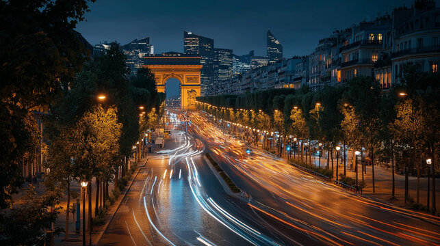 City Lights: capturing the enchanting allure of city at night time, where illuminated roadways and an iconic monument form the focal point of the photograph.