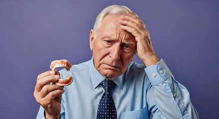Worried senior man holding dentures with a concerned expression pondering dental health and the implications of aging