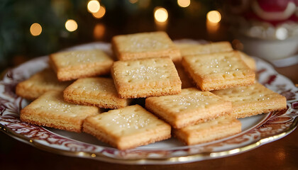 Square cookies are neatly arranged on a decorative plate, creating a tempting display