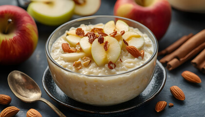 Delicious creamy rice pudding dessert garnished with sliced apples, almonds and nuts