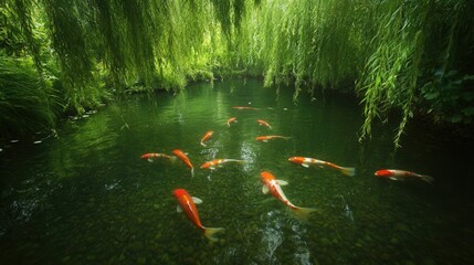 Serene pond with vibrant koi fish amidst lush greenery and weeping willows